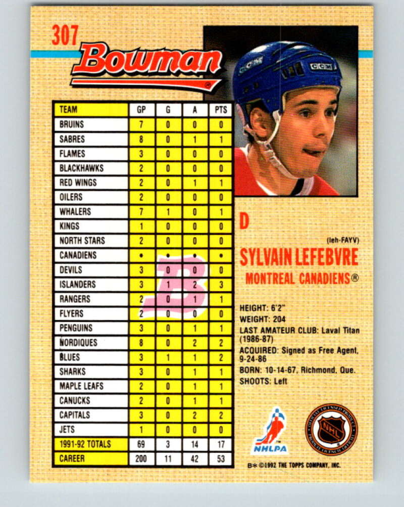 1992-93 Bowman #307 Sylvain Lefebvre Mint Montreal Canadiens  Image 2