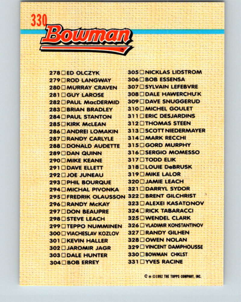 1992-93 Bowman #330 Checklist 221-331 Mint  Image 2