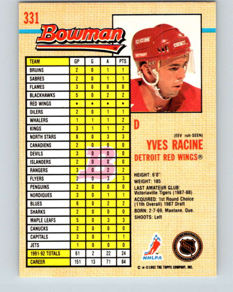 1992-93 Bowman #331 Yves Racine Mint Detroit Red Wings  Image 2