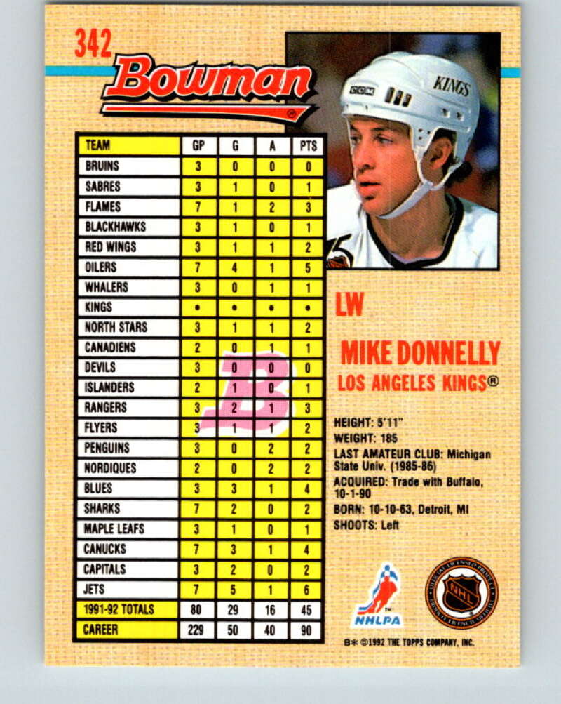1992-93 Bowman #342 Mike Donnelly Mint Los Angeles Kings