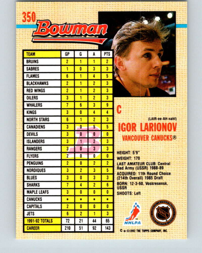 1992-93 Bowman #350 Igor Larionov Mint Vancouver Canucks