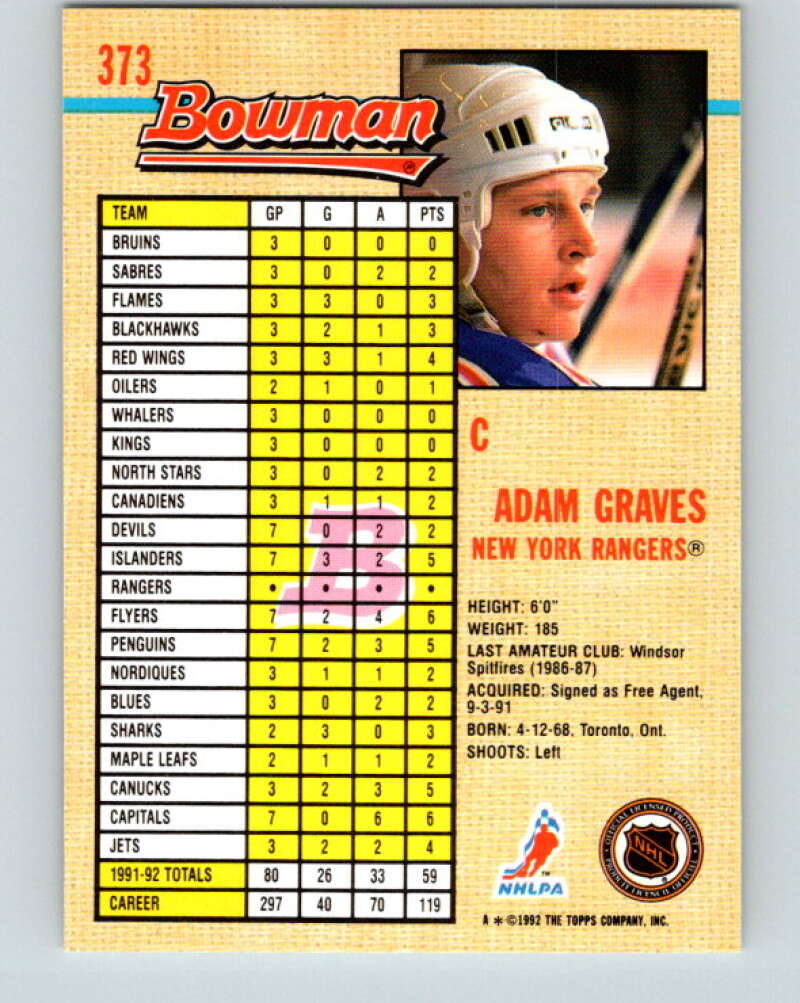 1992-93 Bowman #373 Adam Graves Mint New York Rangers  Image 2