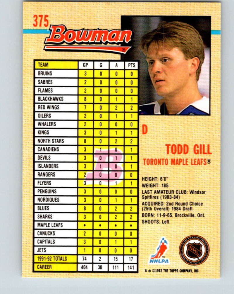1992-93 Bowman #375 Todd Gill Mint Toronto Maple Leafs