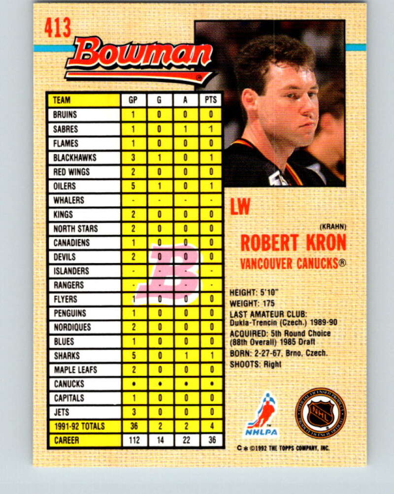 1992-93 Bowman #413 Robert Kron Mint Vancouver Canucks  Image 2