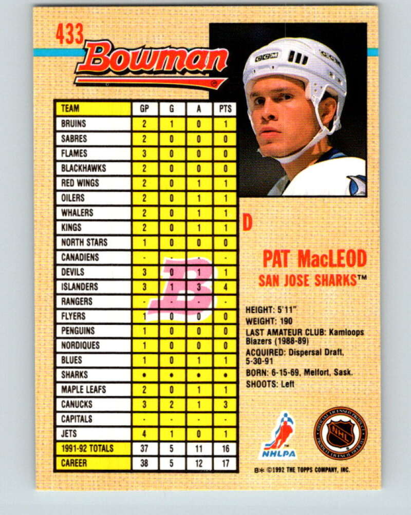 1992-93 Bowman #433 Pat MacLeod Mint San Jose Sharks  Image 2