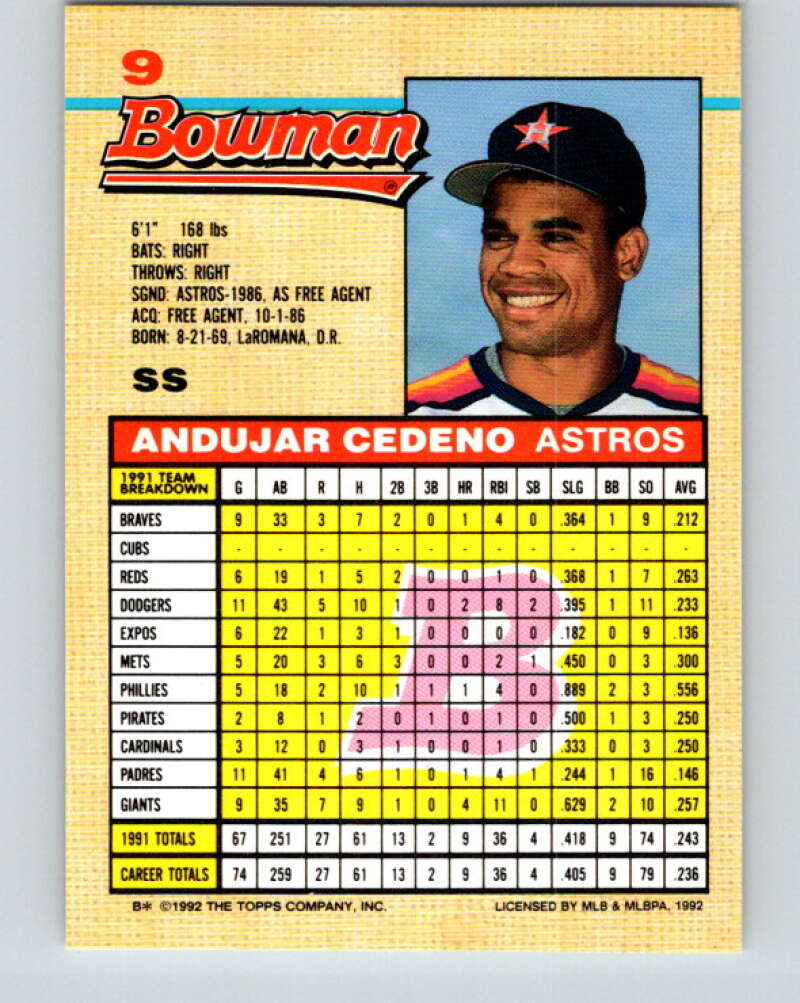 1992 Bowman #9 Andujar Cedeno Mint Houston Astros  Image 2