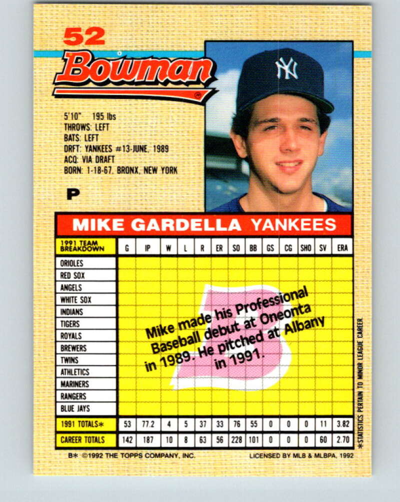 1992 Bowman #52 Mike Gardella Mint New York Yankees  Image 2
