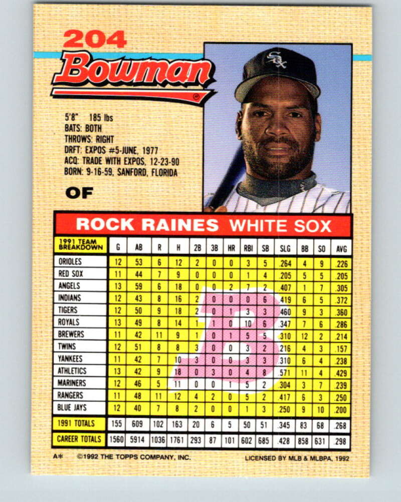 1992 Bowman #204 Tim Raines Mint Chicago White Sox  Image 2