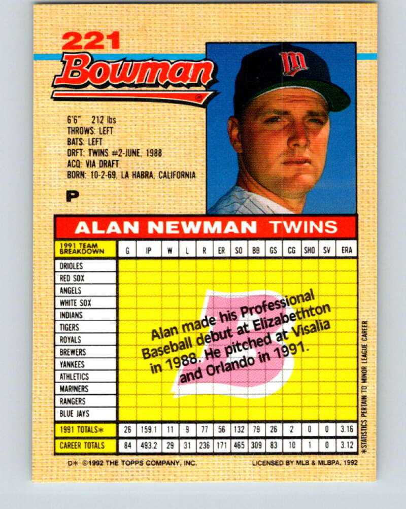 1992 Bowman #221 Alan Newman Mint RC Rookie Minnesota Twins  Image 2