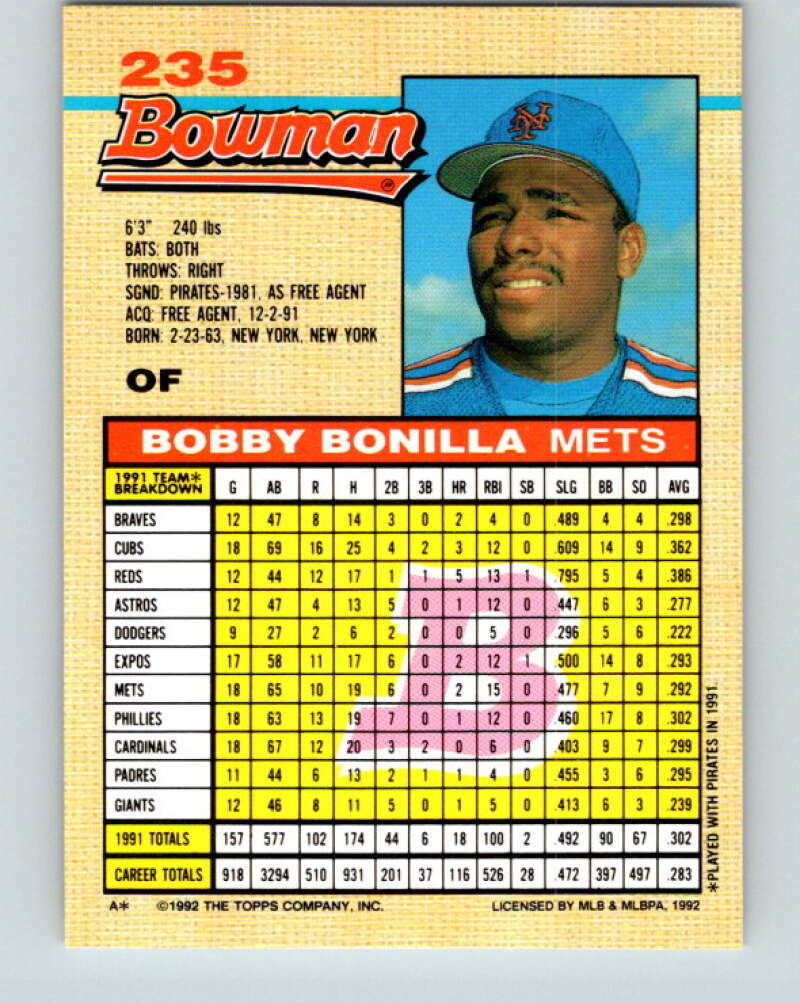 1992 Bowman #235 Bobby Bonilla Mint New York Mets  Image 2