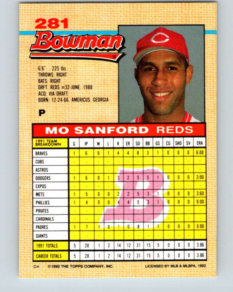 1992 Bowman #281 Mo Sanford Mint Cincinnati Reds  Image 2