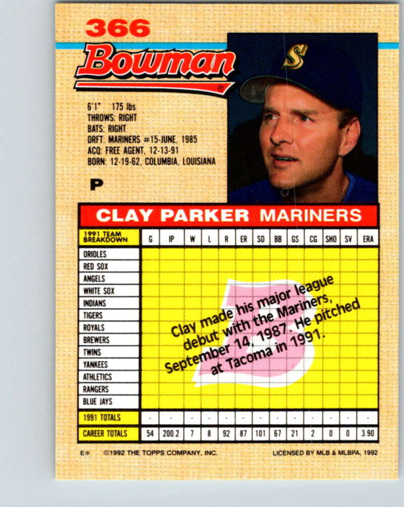 1992 Bowman #366 Clay Parker Mint Seattle Mariners  Image 2