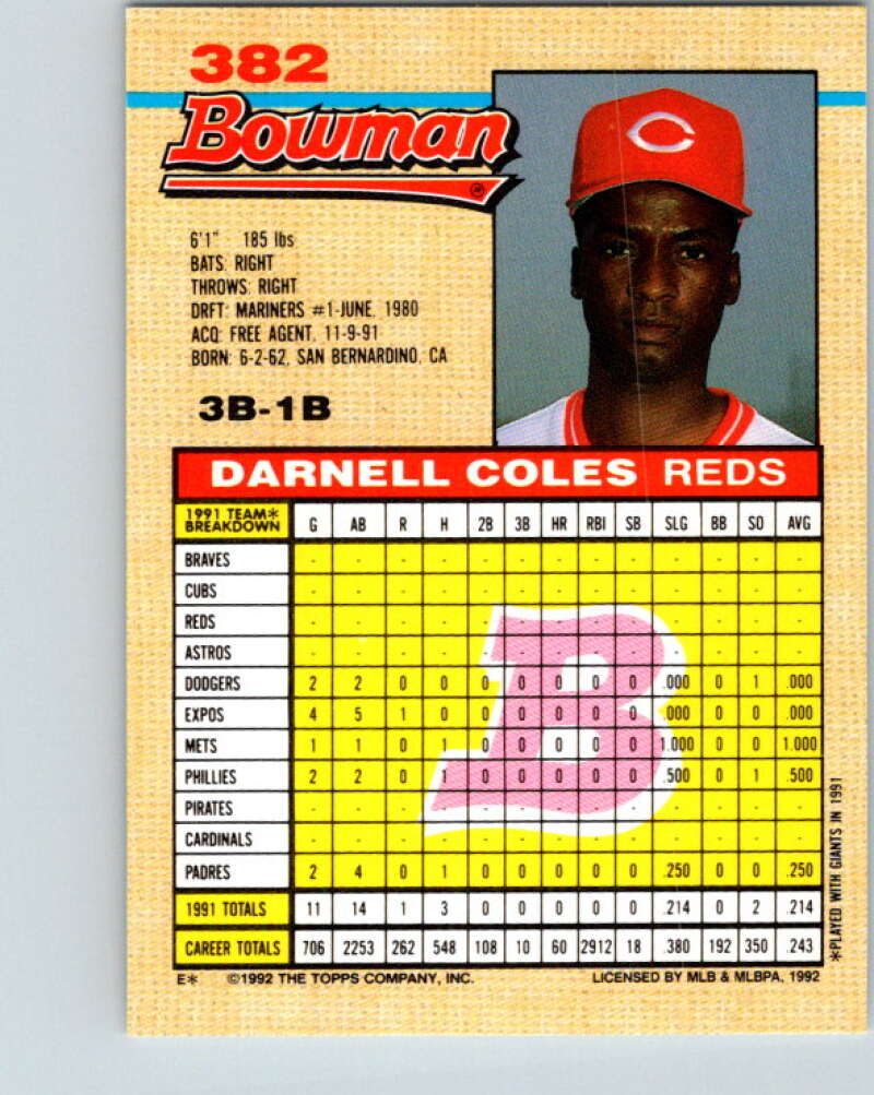1992 Bowman #382 Darnell Coles Mint Cincinnati Reds  Image 2