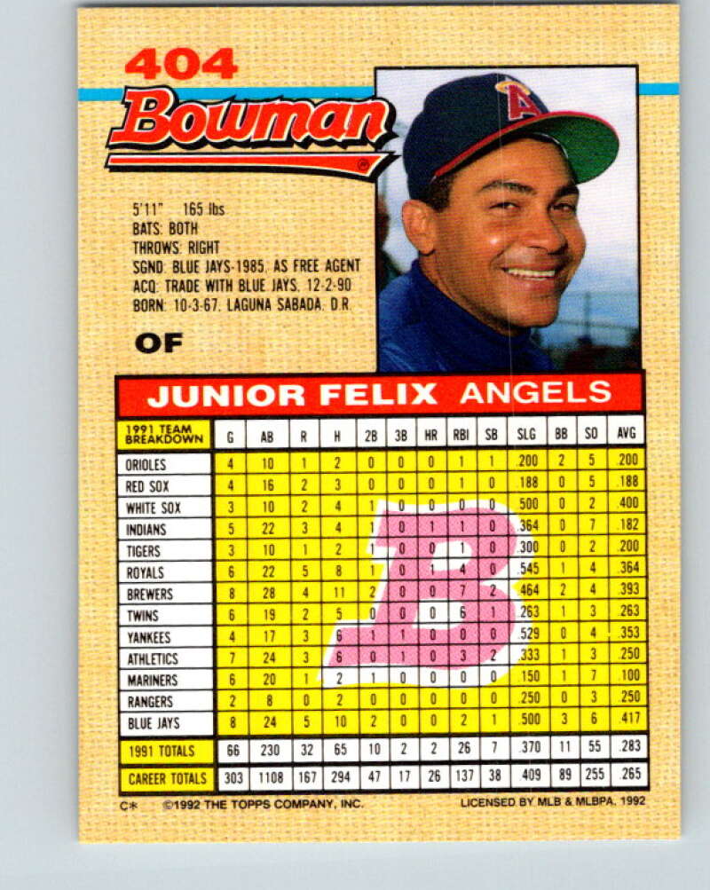 1992 Bowman #404 Junior Felix Mint California Angels  Image 2