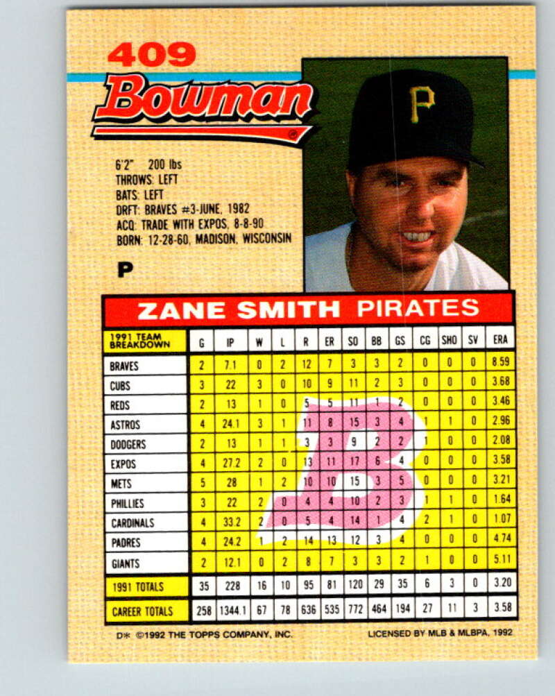 1992 Bowman #409 Zane Smith Mint Pittsburgh Pirates  Image 2