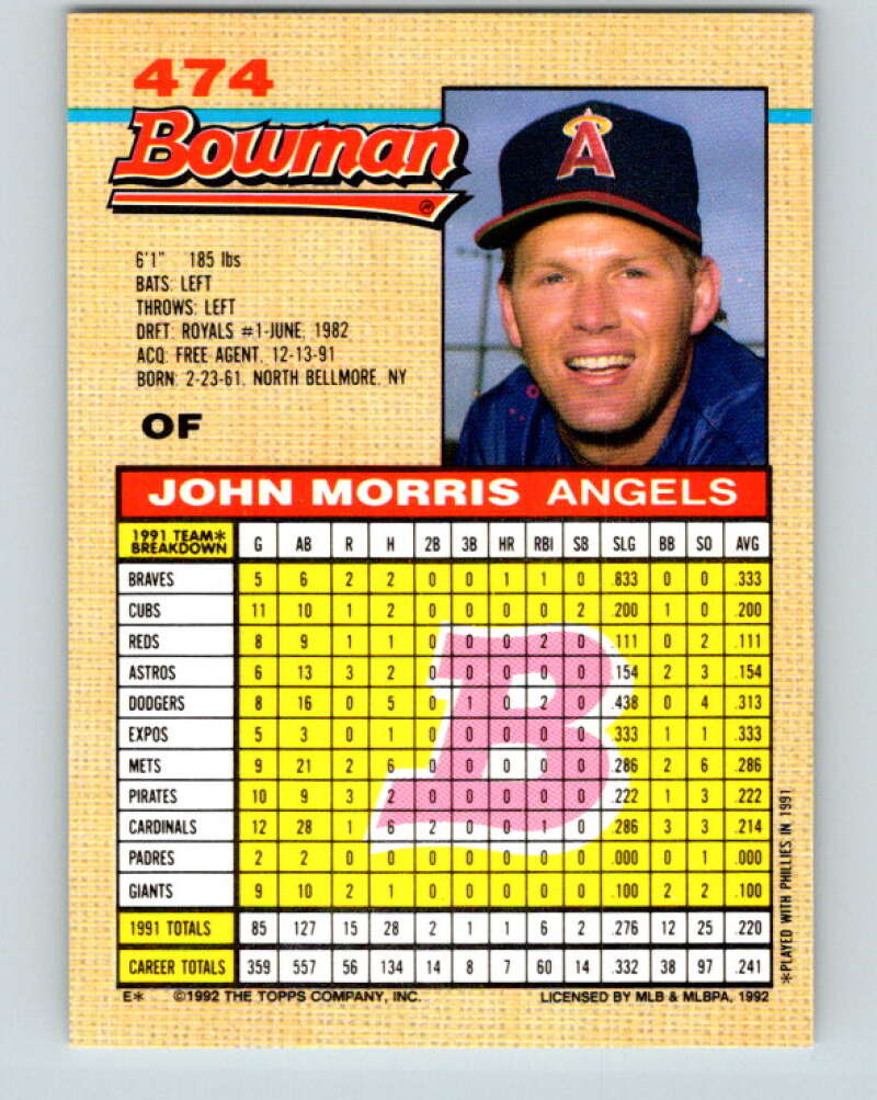 1992 Bowman #474 John Morris Mint California Angels  Image 2