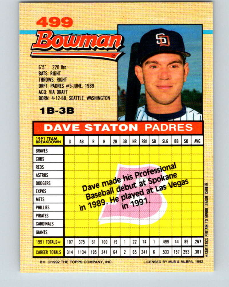 1992 Bowman #499 Dave Staton Mint San Diego Padres  Image 2