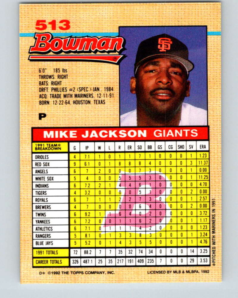 1992 Bowman #513 Mike Jackson Mint San Francisco Giants  Image 2