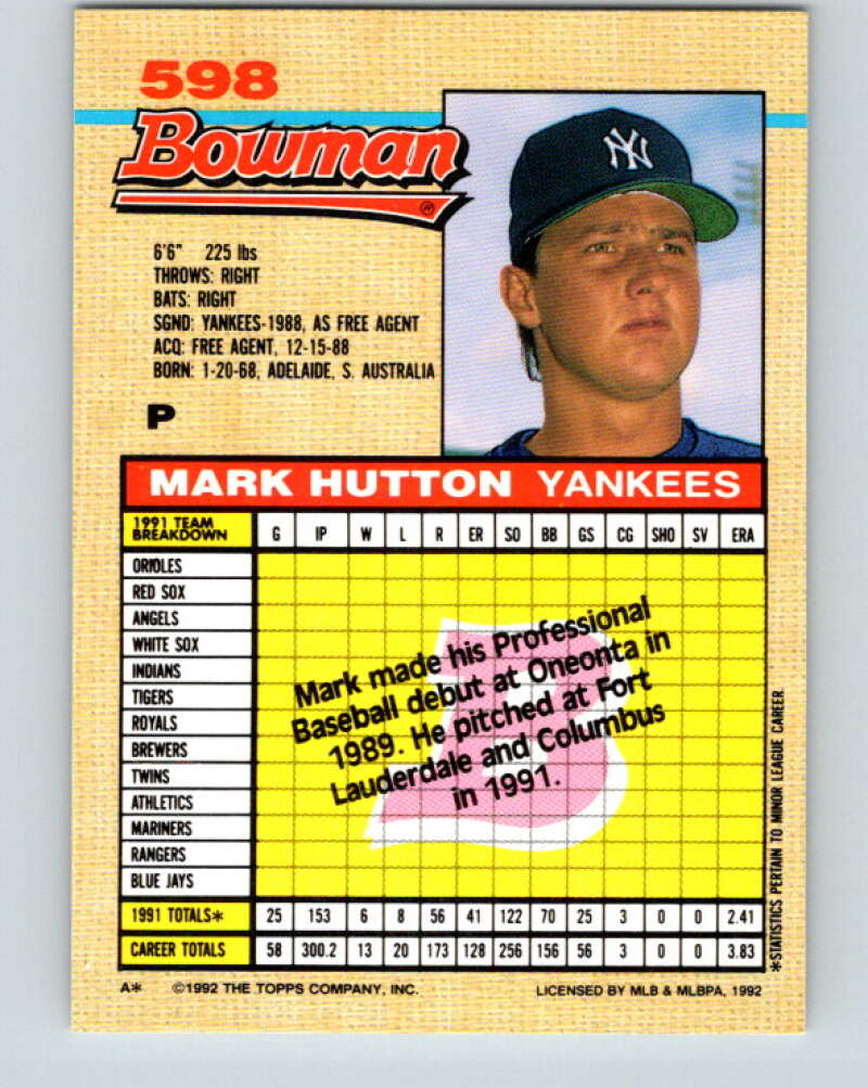 1992 Bowman #598 Mark Hutton Mint RC Rookie New York Yankees  Image 2