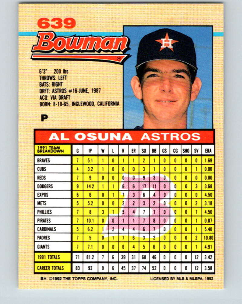 1992 Bowman #639 Al Osuna Mint Houston Astros  Image 2