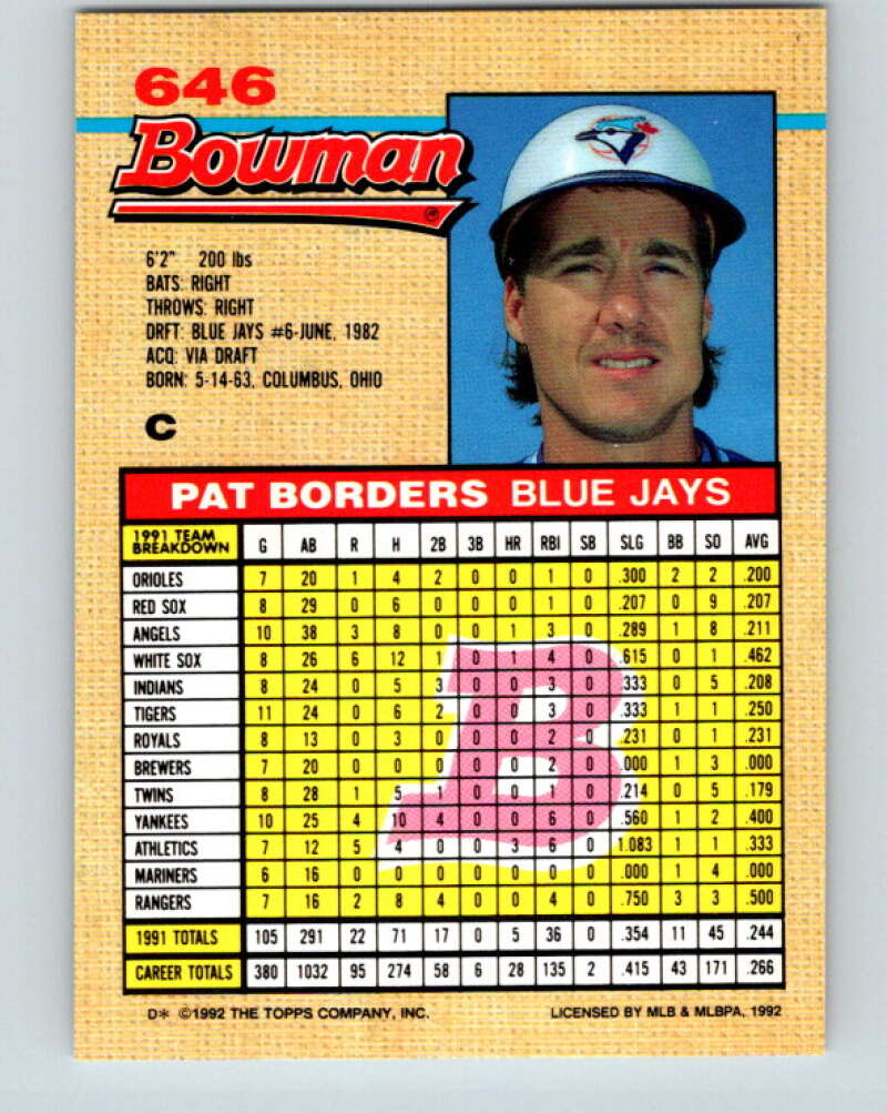 1992 Bowman #646 Pat Borders Mint Toronto Blue Jays