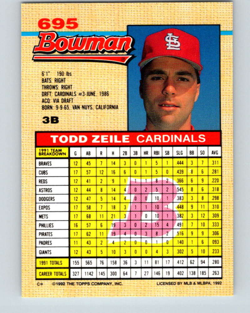 1992 Bowman #695 Todd Zeile Mint St. Louis Cardinals  Image 2