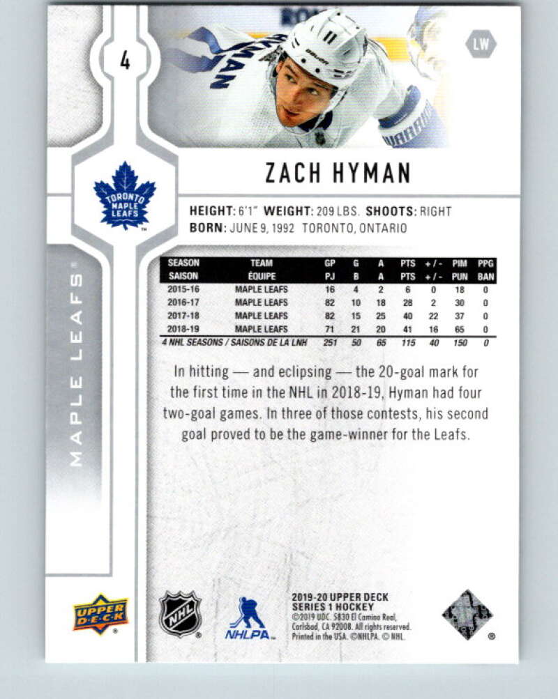 2019-20 Upper Deck #4 Zach Hyman Mint Toronto Maple Leafs