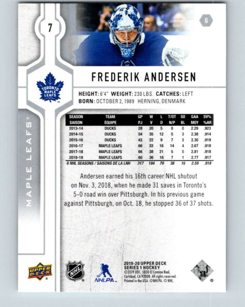 2019-20 Upper Deck #7 Frederik Andersen Mint Toronto Maple Leafs