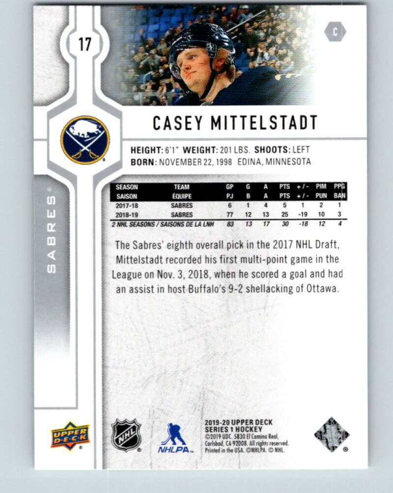 2019-20 Upper Deck #17 Casey Mittelstadt Mint Buffalo Sabres  Image 2