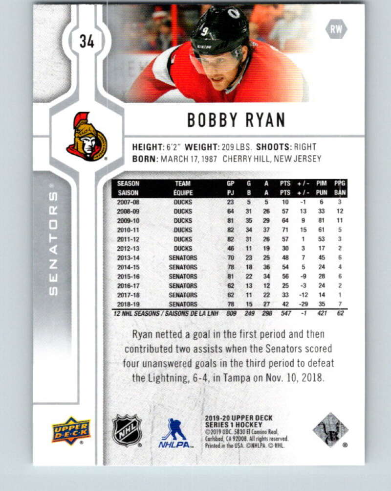 2019-20 Upper Deck #34 Bobby Ryan Mint Ottawa Senators