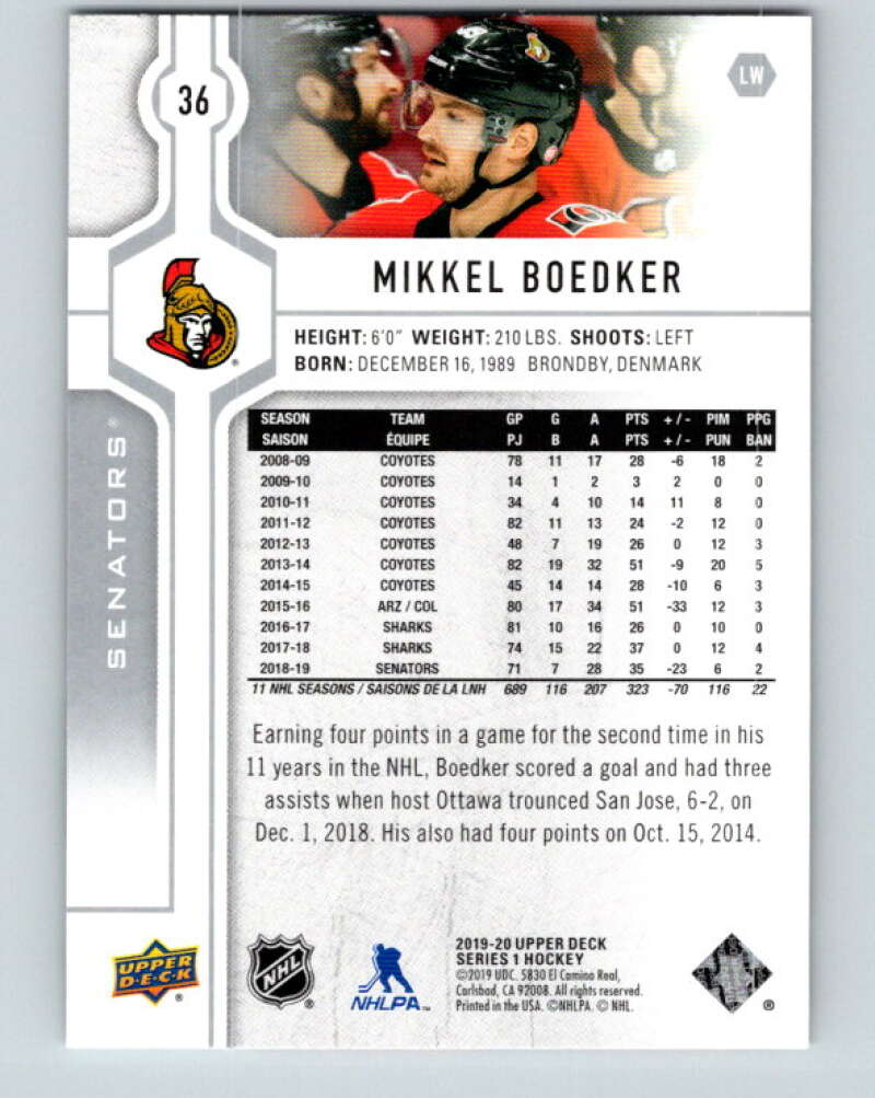 2019-20 Upper Deck #36 Mikkel Boedker Mint Ottawa Senators  Image 2