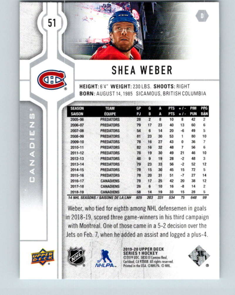 2019-20 Upper Deck #51 Shea Weber Mint Montreal Canadiens