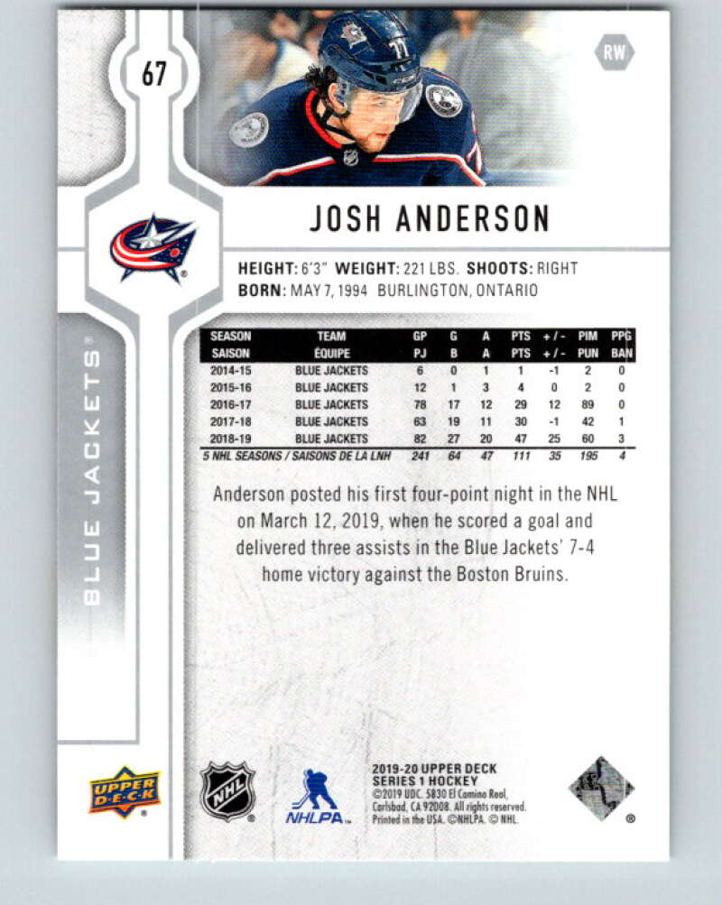 2019-20 Upper Deck #67 Josh Anderson Mint Columbus Blue Jackets