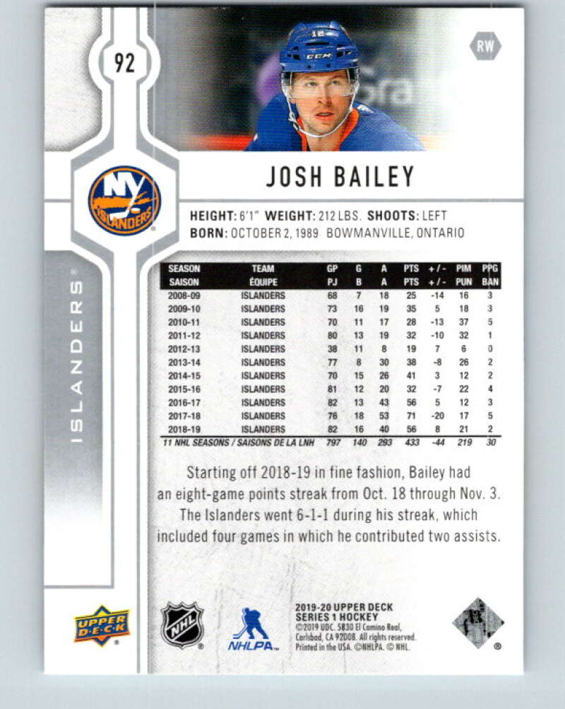 2019-20 Upper Deck #92 Josh Bailey Mint New York Islanders