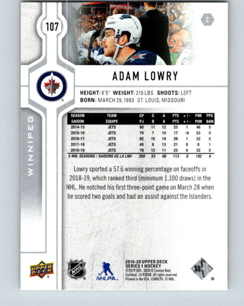 2019-20 Upper Deck #107 Adam Lowry Mint Winnipeg Jets  Image 2