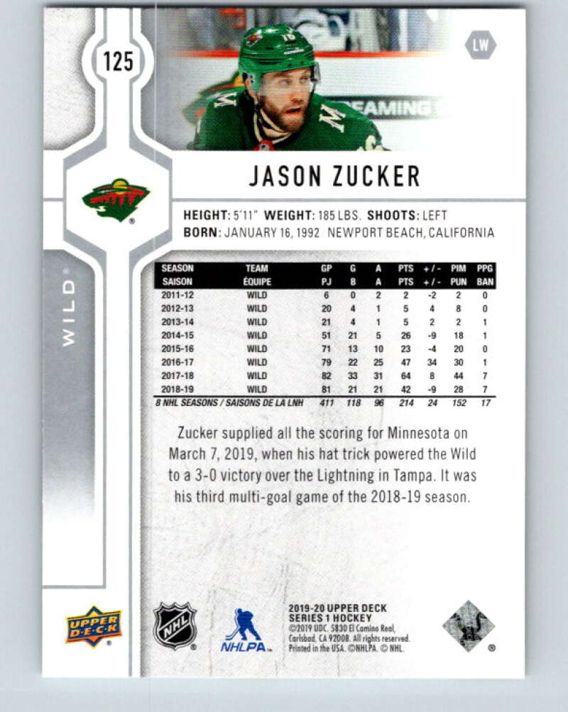 2019-20 Upper Deck #125 Jason Zucker Mint Minnesota Wild  Image 2