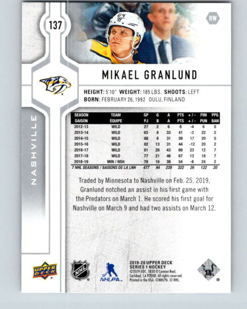 2019-20 Upper Deck #137 Mikael Granlund Mint Nashville Predators  Image 2