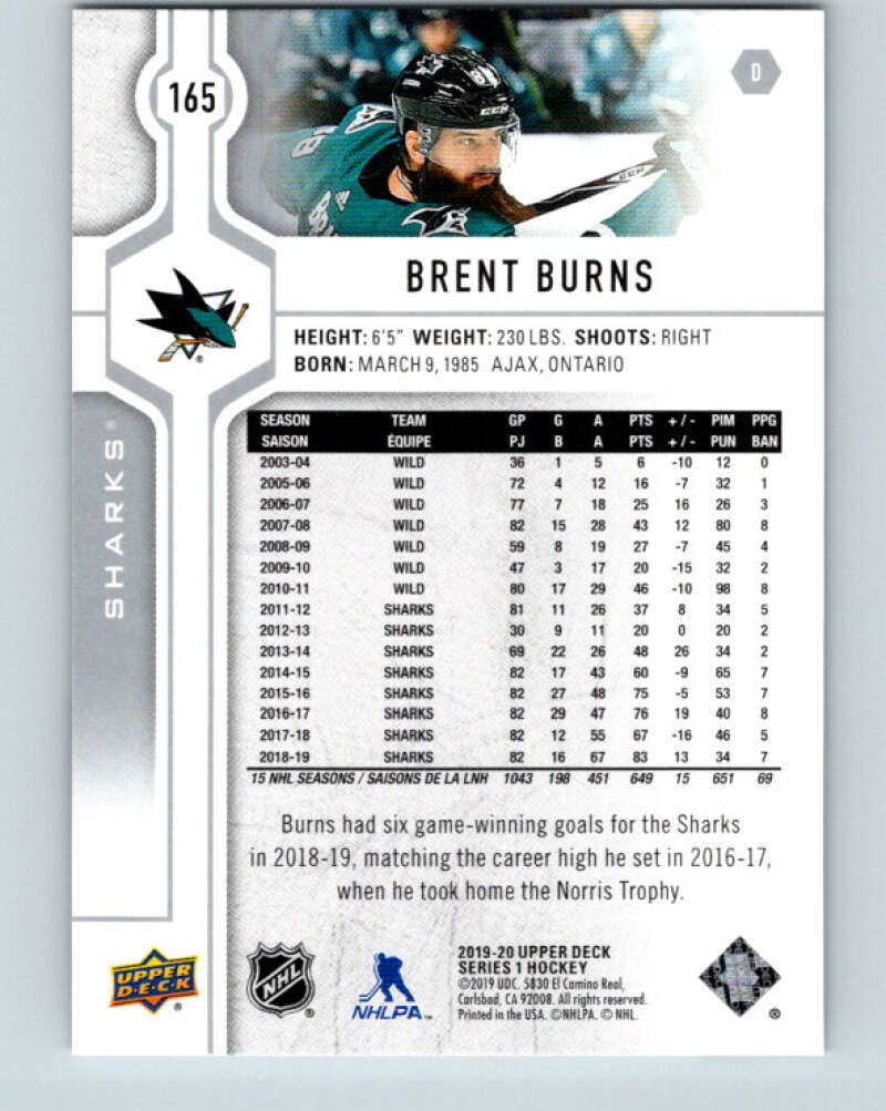 2019-20 Upper Deck #165 Brent Burns Mint San Jose Sharks  Image 2