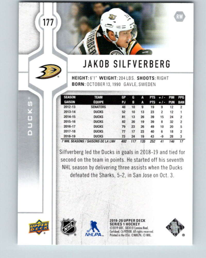 2019-20 Upper Deck #177 Jakob Silfverberg Mint Anaheim Ducks  Image 2