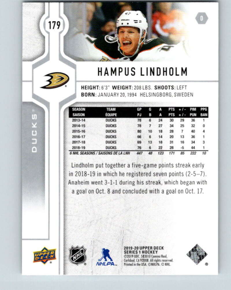 2019-20 Upper Deck #179 Hampus Lindholm Mint Anaheim Ducks  Image 2