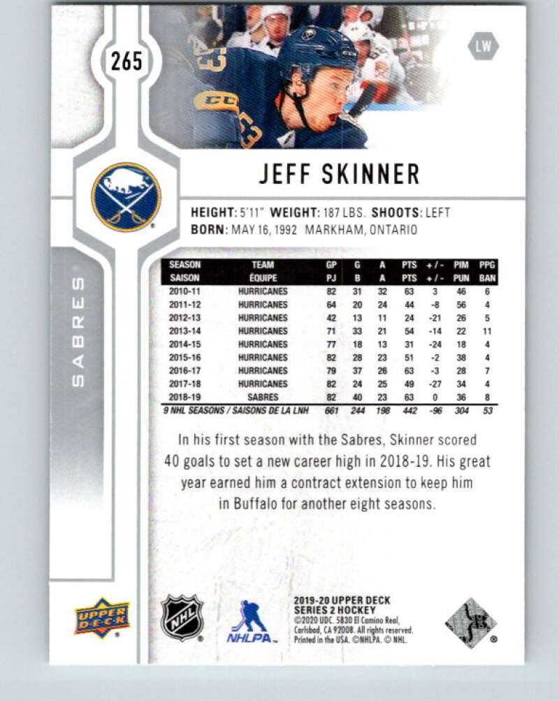 2019-20 Upper Deck #265 Jeff Skinner Mint Buffalo Sabres  Image 2