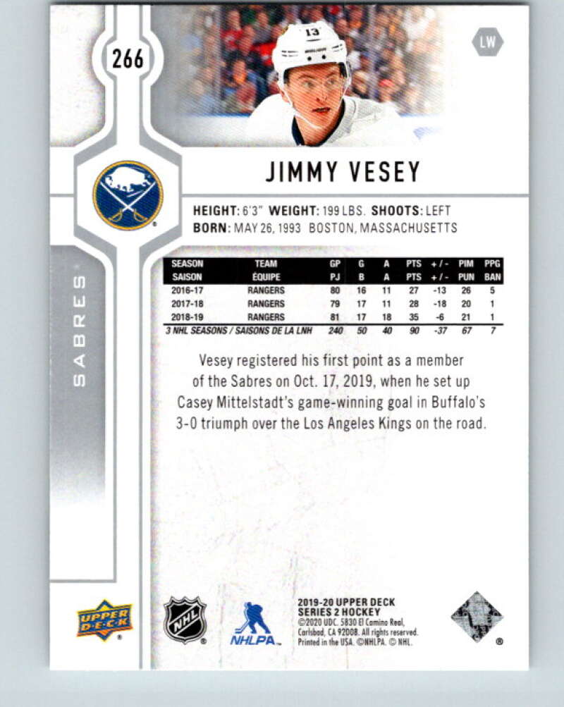 2019-20 Upper Deck #266 Jimmy Vesey Mint Buffalo Sabres  Image 2
