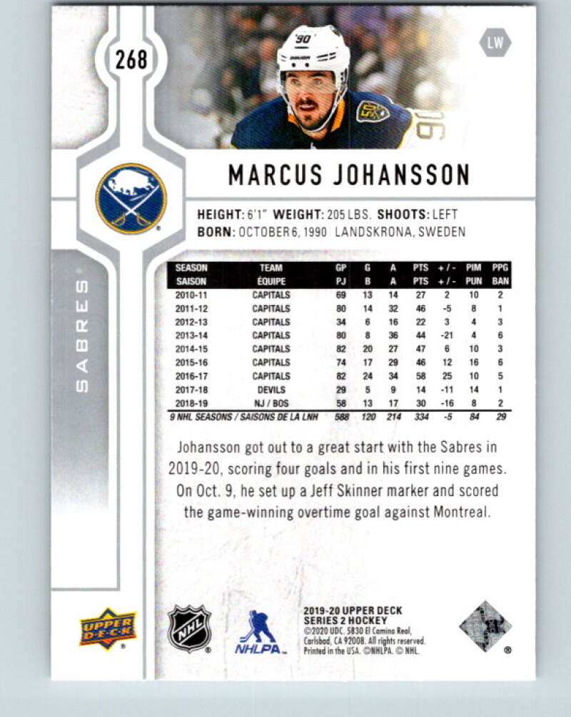 2019-20 Upper Deck #268 Marcus Johansson Mint Buffalo Sabres  Image 2