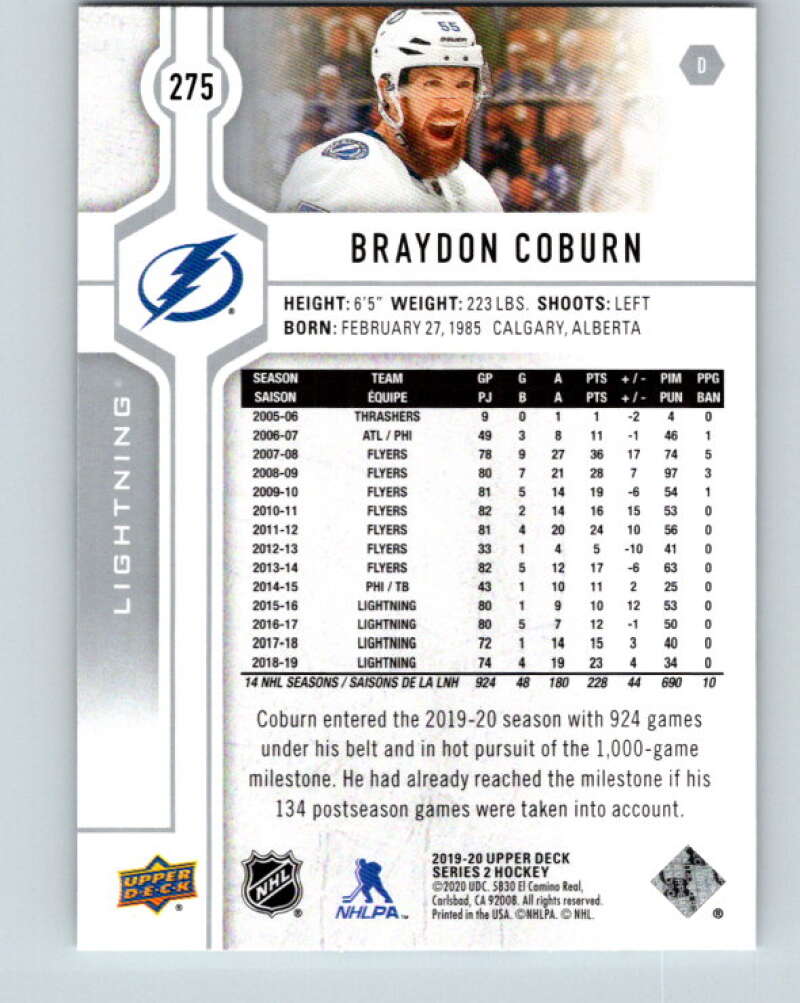 2019-20 Upper Deck #275 Braydon Coburn Mint Tampa Bay Lightning  Image 2