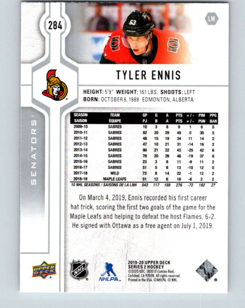 2019-20 Upper Deck #284 Tyler Ennis Mint Ottawa Senators  Image 2