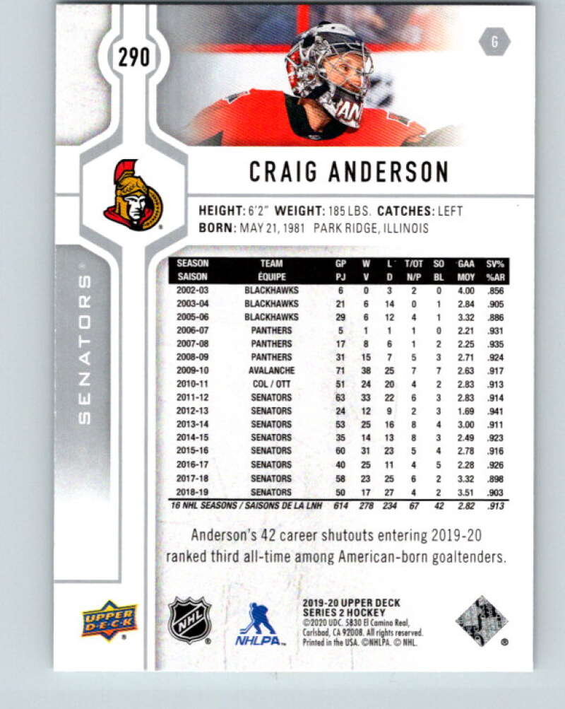 2019-20 Upper Deck #290 Craig Anderson Mint Ottawa Senators