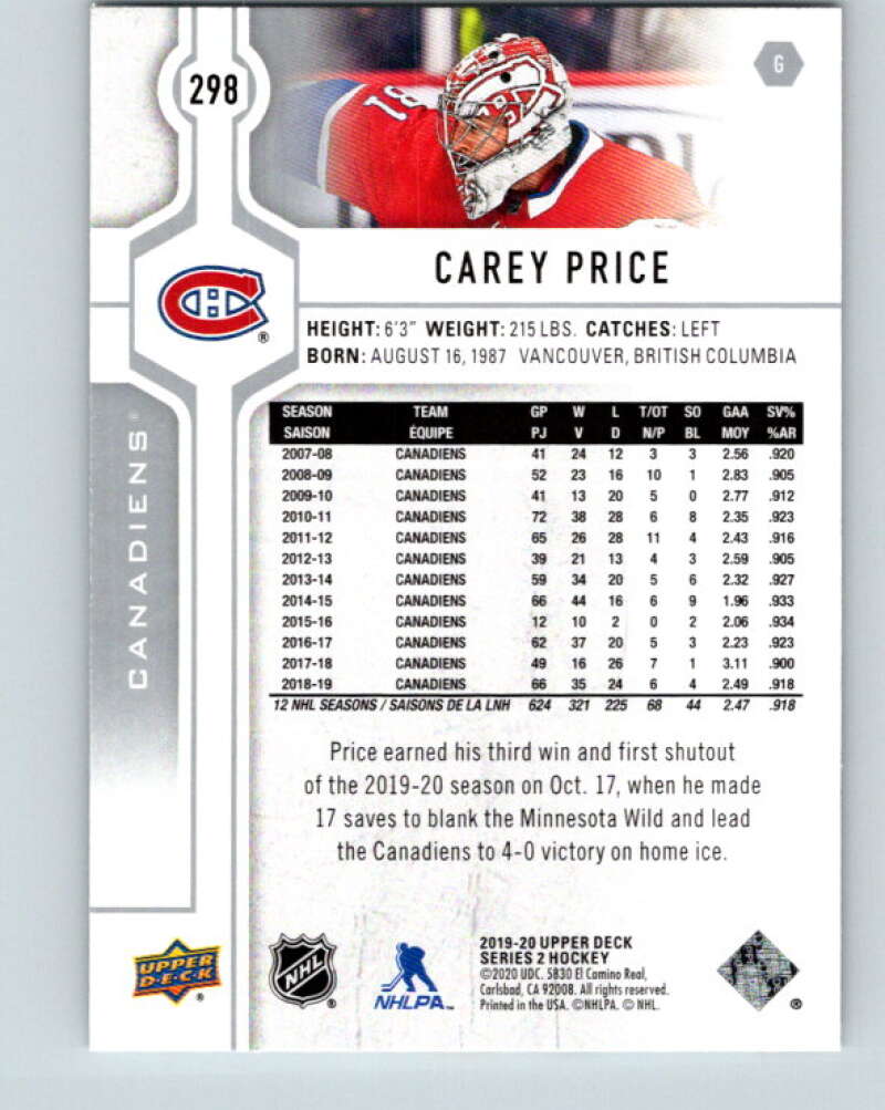 2019-20 Upper Deck #298 Carey Price Mint Montreal Canadiens
