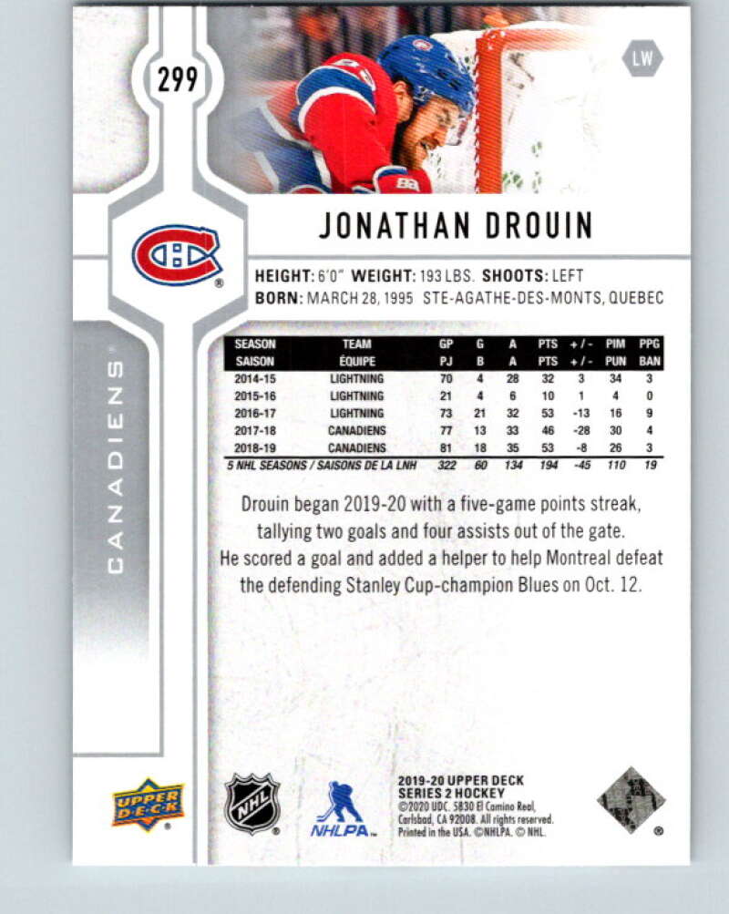 2019-20 Upper Deck #299 Jonathan Drouin Mint Montreal Canadiens