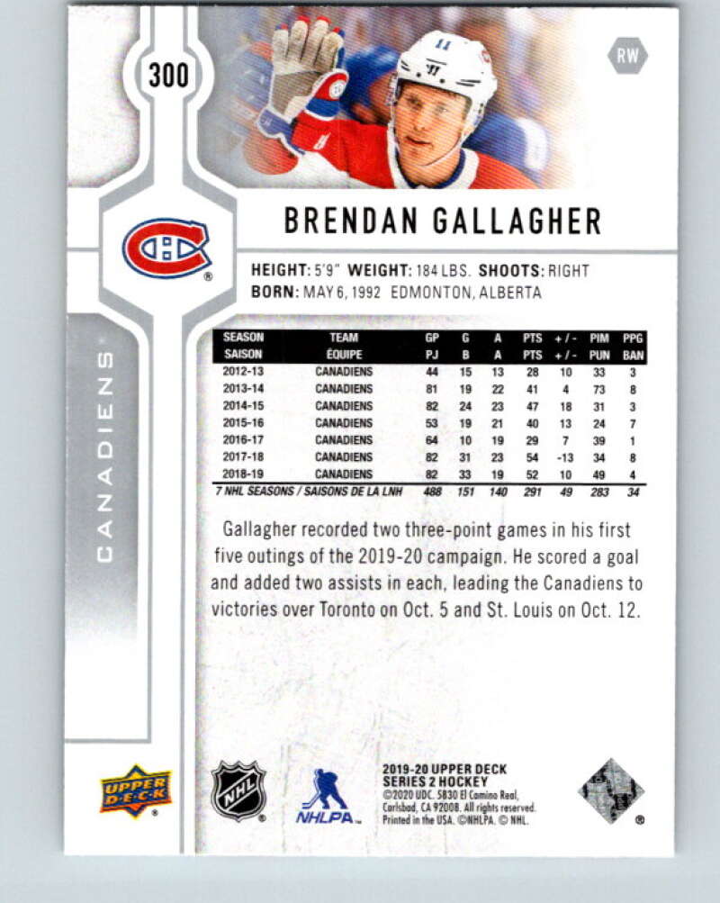 2019-20 Upper Deck #300 Brendan Gallagher Mint Montreal Canadiens