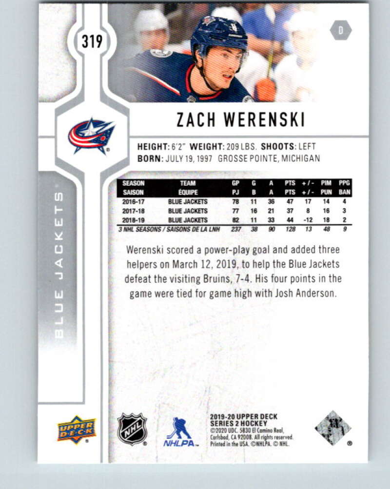 2019-20 Upper Deck #319 Zach Werenski Mint Columbus Blue Jackets  Image 2